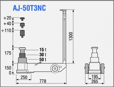 Preview: TDL AJ-50T3NC 3-stufiger lufthydraulischer Heber Tragkraft: 50.000/30.000/15.000 kg Inkl. 3 Adapterstücke